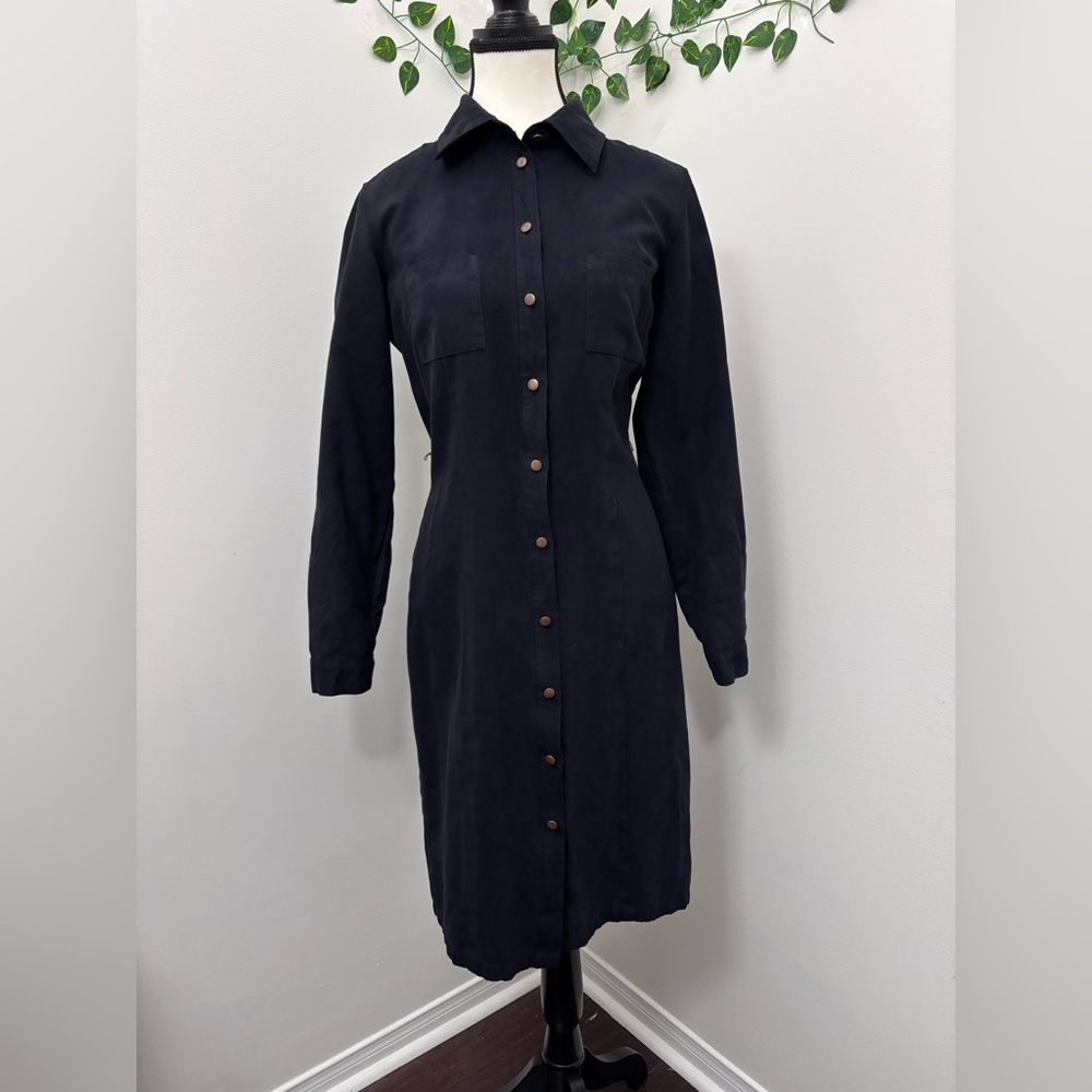 Reitmans Long Sleeve Dress Button Down Faux Suede Size 6 Navy Black